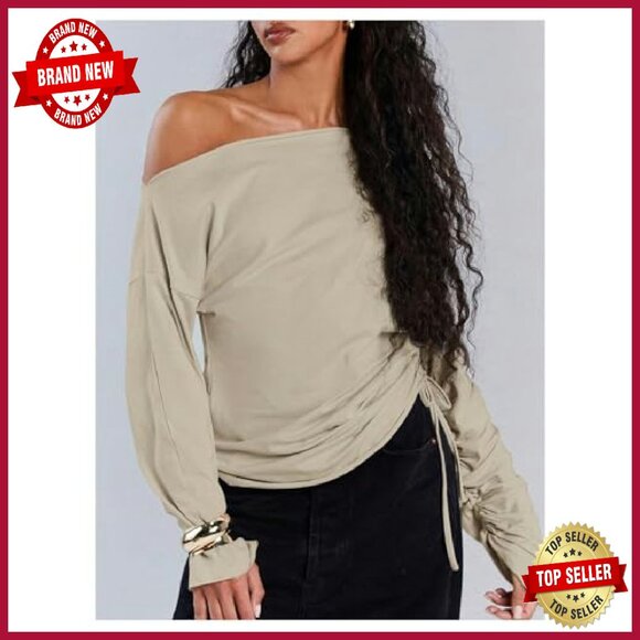 Off Shoulder Sweatshirt Asymmetrical Y2K Long Sleeve Top Stretch Fabric - Picture 5 of 7